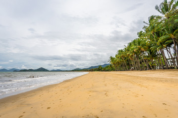 Cloudy stormy warm summer day with view to blue wild wave sea coast with sandy white beaches perfect for surfing swimming or walking under palm trees, Palm Cove, Cairns, Daintree Queensland, Australia