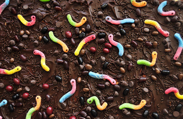 Chocolate icing with candy toppings