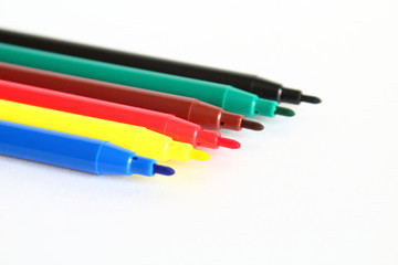 Felt-tip pens. Color pens 6 pieces on a white background close-up. Background. Isolated.