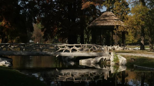 Early morning scenery in Romanian city of Craiova footage - Beautiful bridge in the park by autumn