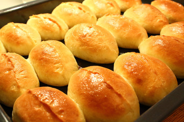 Hot fresh homemade patties with egg and onion on a tray. Close-up.