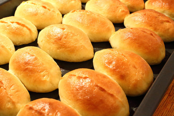 Hot fresh homemade patties with egg and onion on a tray. Close-up.