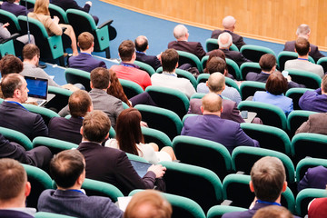 Moscow, Russia - April, 11, 2018: Audience listens to the acting in a conference hall