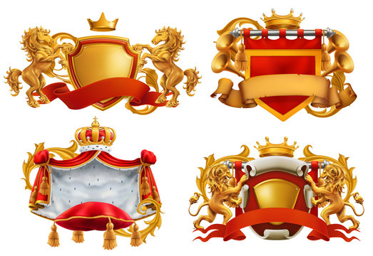 Royal coat of arms. King and kingdom. 3d vector emblem set