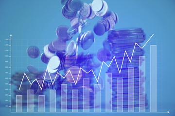 Double exposure Stack of coin with financial graph over city and office building background,...