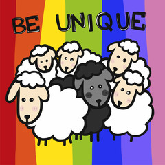 Black sheep be unique cartoon doodle on rainbow background, business concept