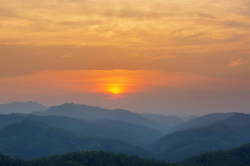 Aerial view of mountain range with warm sunlight, shade and shadow, sunset sunrise from Mae Hong Son province Thailand