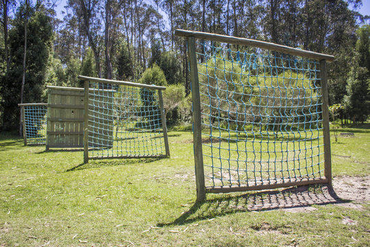 Military training camp made of wood. Sport concept