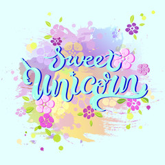 Obraz premium Unicorn Birthday text isolated on pastel colored background. Hand drawn Unicorn lettering as logotype, badge, patch, icon. Template for Unicorn party, birthday, invitation, flyers, baby birth.