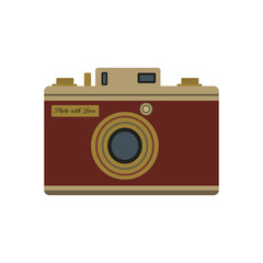 Retro camera, decorated with inscription Photo with Love. Isolated on white background.