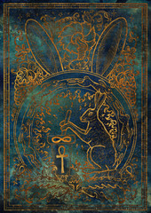 Golden Rabbit symbol on blue texture background. Hair with mortar and pestle, baroque and floral decorations in fire circle. Fantasy engraved illustration. Zodiac animals of eastern calendar
