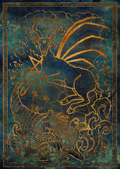 Golden Goat symbol with horn of abundance, hell fire and diabolic sign - pentagram on blue texture background. Fantasy engraved illustration. Zodiac animals of eastern calendar