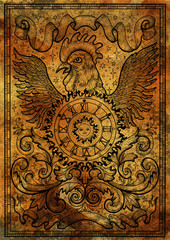 Rooster symbol with clock, sun, baroque decorations and vignette ribbons on antique texture background. Fantasy engraved illustration. Zodiac animals of eastern calendar
