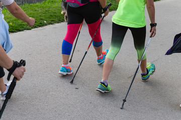 nordic walking group of happy ladies