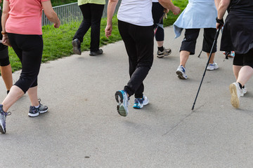 nordic walking group of happy ladies