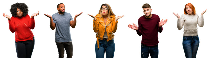 Group of cool people, woman and man doubt expression, confuse and wonder concept, uncertain future shrugging shoulders