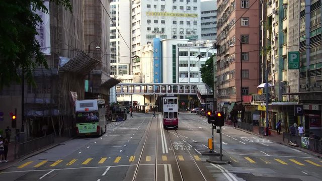 High angle view of double-decker trams and buses in  business downtown district in Hong Kong, China in Asia 