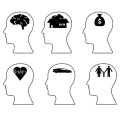 Human head with brain icon with icons of House, Car, Money, Family, Healthy inside the head icon. Graph of Life needs. thinking concept.