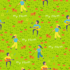 Seamless Pattern : Boy and Girl Playing guitar and walking dog on Green Grass Background  : Vector Illustration