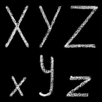 x, y, z handwritten white chalk letters isolated on black background, hand-drawn chalk font, back to school concept, stock illustration in high resolution
