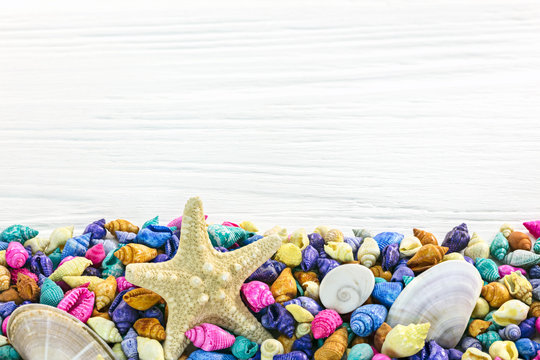 border with starfish and colorful seashells on white wooden background