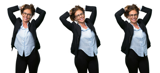 Middle age business woman confident and happy with a big natural smile over white background