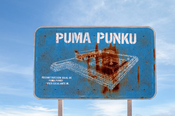 Tiahuanaco, Bolivia - August 07, 2011: Sign of Reconstruction of Kalasayaya temple, the famous pre-columbian archeaology site Puma Punku, Tiahuanaco, Bolivia