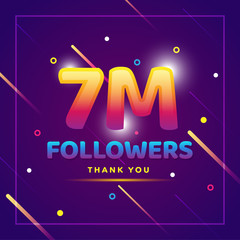 Naklejka premium 7m or 7000000 followers thank you colorful background and glitters. Illustration for Social Network friends, followers, Web user Thank you celebrate of subscribers or followers and likes
