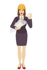 Businesswoman in construction helmet holding the project plans and showing the business card