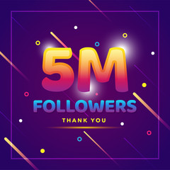5m or 5000000 followers thank you colorful background and glitters. Illustration for Social Network friends, followers, Web user Thank you celebrate of subscribers or followers and likes