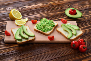 Avocado sandwich on a bread made with fresh sliced avocados from above