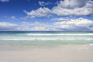 Fototapeta na wymiar Enjoy this amazing sea view with pure sandy beach and crystal clear blue water a few waves coming to the shore at a lonely empty place on Tasmania, Australia