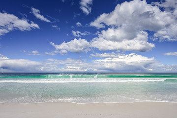 Enjoy this amazing sea view with pure sandy beach and crystal clear blue water a few waves coming to the shore at a lonely empty place on Tasmania, Australia