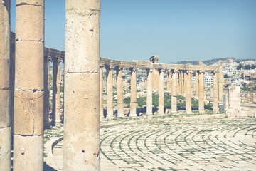 Fototapeta premium The Oval Forum and Cardo Maximus in Roman city of Gerasa near Jerash (Pompeii of the East. The city of 1000 columns). Northern Jordan