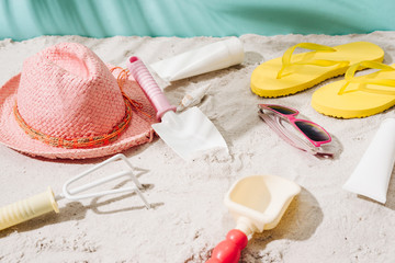 Summer vacation travel accessories and fashion on white background