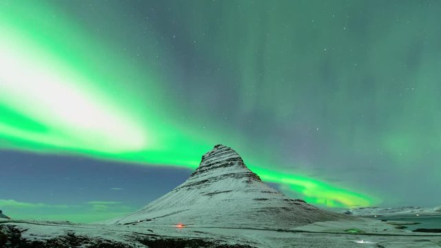 Timelapse of aurora borealis at kirkjufell mountain iceland