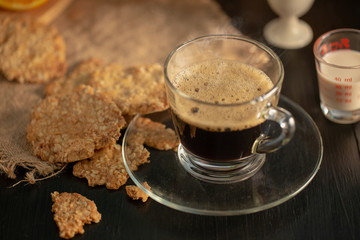 fresh breakfast with hot coffee and cookies