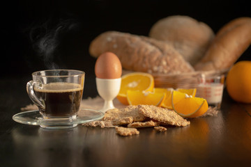 fresh breakfast with hot coffee, orange juice and cookies