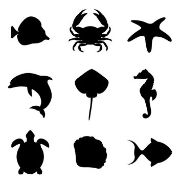 Inhabitants of the ocean. Marine life icons set. Sea life set of silhouettes. Vector illustration.