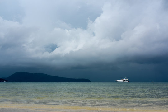 Rainy season at Koh Rong Samloem Island. Dark clouds gathering at the horizon. Saracen Bay, Cambodia.