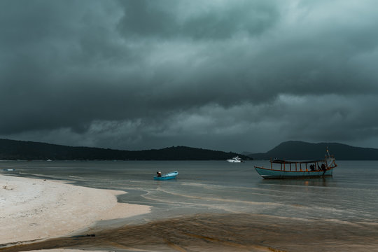Rainy season at Koh Rong Samloem Island. Dark clouds gathering at the horizon. Saracen Bay, Cambodia.