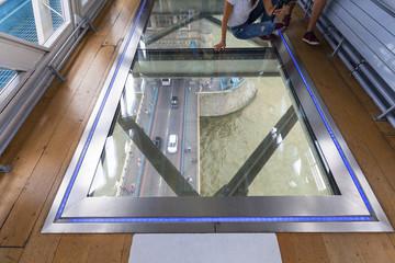 Tower Bridge on the River Thames. Glass transparent floor, tourists, London, United Kingdom