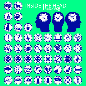 Inside The Heads. 50 icon set imitating feelings, emotions, thoughts and moods.