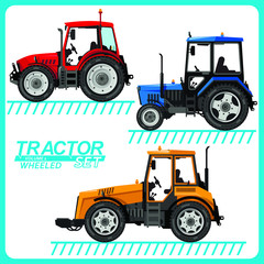 Several images of tractors, located on separate layers, for use in various purposes.