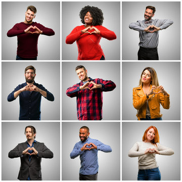 Group of mixed people, women and men happy showing love with hands in heart shape expressing healthy and marriage symbol