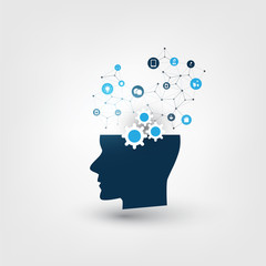 Abstract Machine and Deep Learning, Artificial Intelligence, Cloud Computing and Networks Design Concept with Icons and Human Head