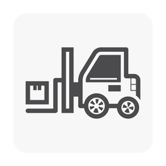 Forklift vector icon. May called fork truck or lift truck. Elevator machine equipment or vehicle for heavy industrial work at storage, port, warehouse and factory by lift up, raise and delivery cargo.