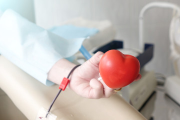 Red heart in the hands of the donor.