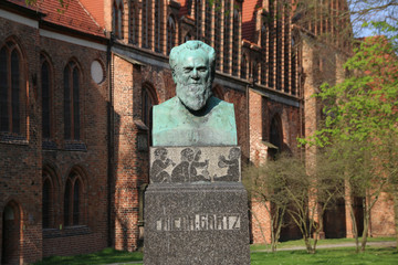 Salzwedel, Germany - April 20, 2018: View of the Friedrich Gartz Monument in the Hanseatic city of Salzwedel, Germany. Gartz was a composer, organist and music teacher from the Altmark.