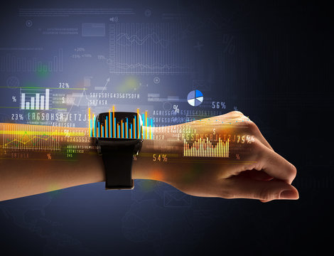 Cloe up naked female hand with smartwatch with financial symbols around